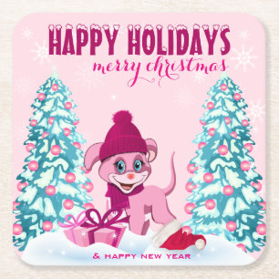 Pink Christmas Adorable Welpe Cartoon Rechteckiger Pappuntersetzer