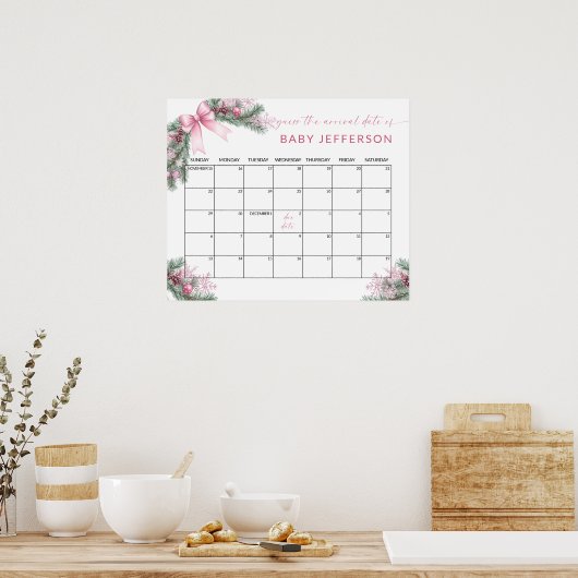 Pink Christmas Baby Shower Guess Due Date Calendar Poster (Küche)