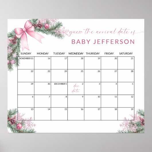 Pink Christmas Baby Shower Guess Due Date Calendar Poster (Vorne)