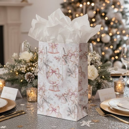 Pink Christmas Bells Pink Bows Gold Snowflakes Mittlere Geschenktüte