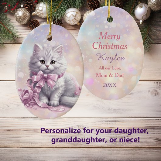 Pink Christmas Bow White Kitten Kinder Keramik Ornament