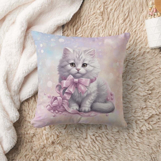Pink Christmas Bow White Kitten Kinder Kissen (Decke)