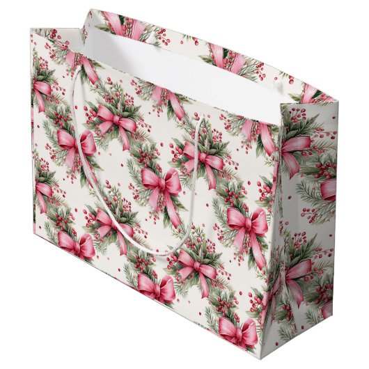 Pink Christmas Bows Große Geschenktüte (Rückseite Schrägansicht)
