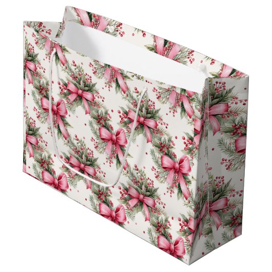 Pink Christmas Bows Große Geschenktüte (Vorderseite Schrägansicht)