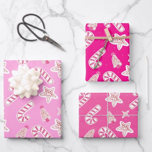 Pink Christmas- Candy Canes, Stars & Trees Pattern Geschenkpapier Set (Vorderseite)