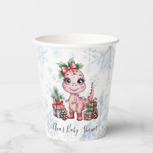 Pink Christmas Dino Girl Baby Shower Pappbecher (Vorderseite)