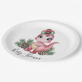 Pink Christmas Dino Girl Baby Shower Pappteller (Schrägansicht)