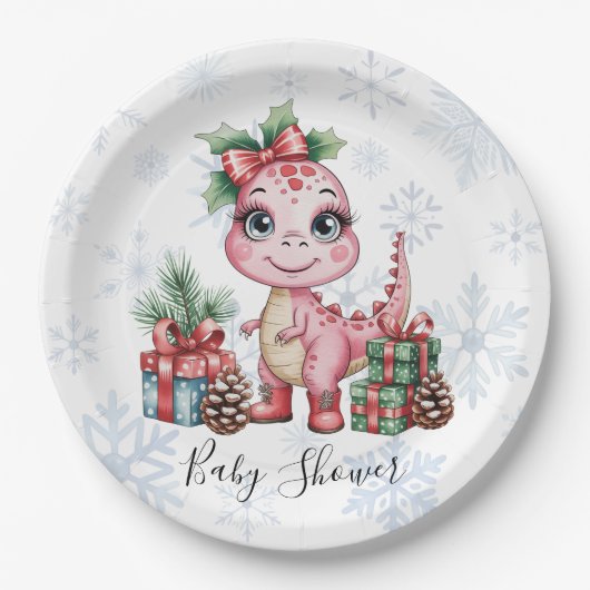 Pink Christmas Dino Girl Baby Shower Pappteller (Vorderseite)