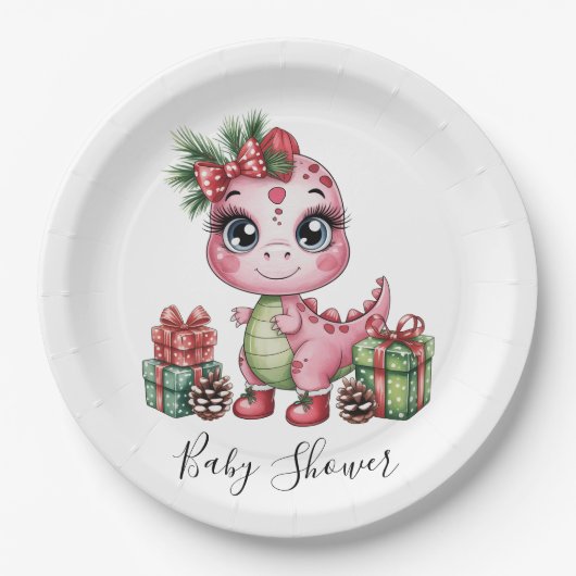 Pink Christmas Dino Girl Baby Shower Pappteller (Vorderseite)