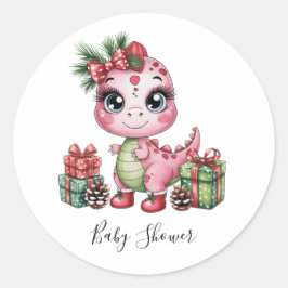 Pink Christmas Dino Girl Baby Shower Runder Aufkleber