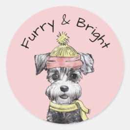 Pink Christmas Dog Furry & Bright Terrier Niedlich Runder Aufkleber