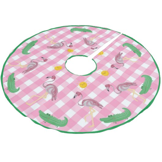 Pink Christmas Flamingo Alligator Brushed Polyes Polyester Weihnachtsbaumdecke (Schrägansicht)