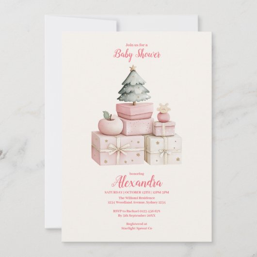 Pink Christmas Geschenke Baby Dusche Einladung (Vorderseite)