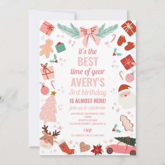 Pink Christmas Girl Holiday Birthday Einladung (Vorderseite)