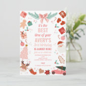 Pink Christmas Girl Holiday Birthday Einladung (Stehend Vorderseite)