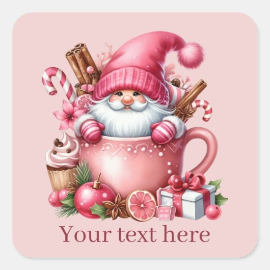 Pink Christmas gnome fügen Text hinzu Quadratischer Aufkleber (Vorderseite)