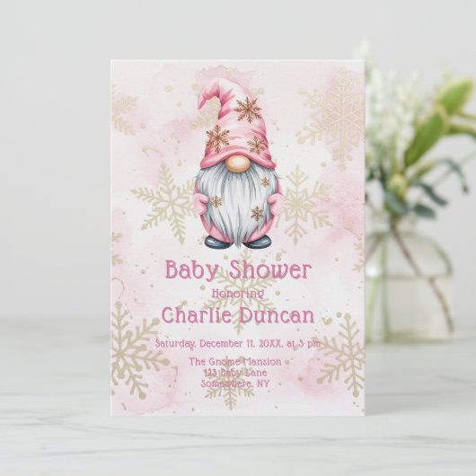 Pink Christmas Gnome Gold Snowflakes Baby Shower Einladung (Stehend Vorderseite)