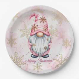Pink Christmas Gnome Gold Snowflakes Pappteller