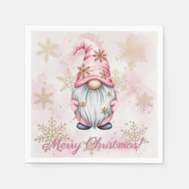 Pink Christmas Gnome Gold Snowflakes Serviette