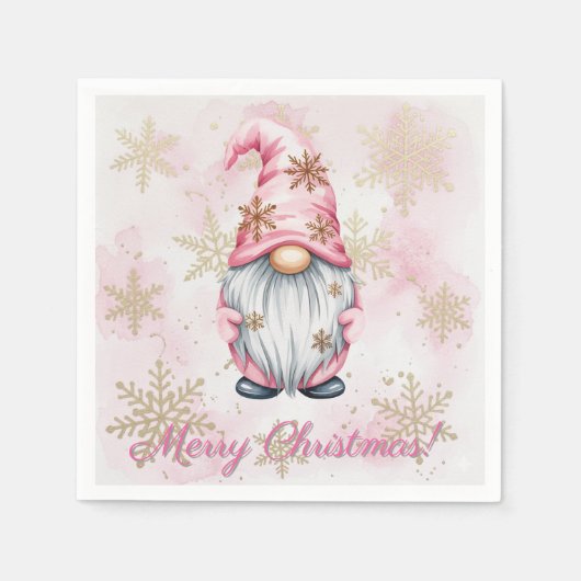 Pink Christmas Gnome Gold Snowflakes Serviette (Vorderseite)