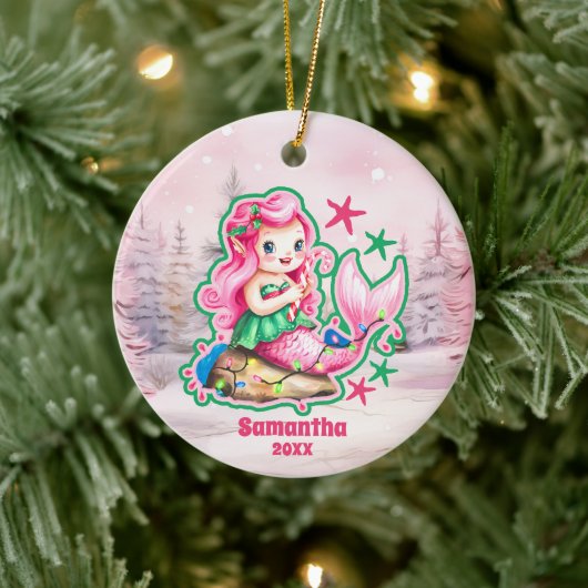 Pink Christmas Meerjungfrau Kinder Foto Ornament (Baum)