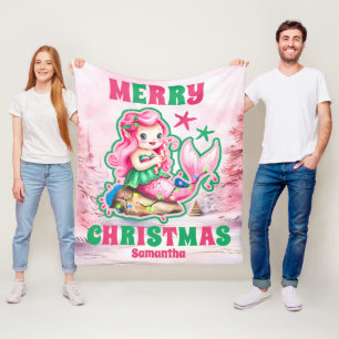 Pink Christmas Mermaid Personalisiert Kids Name Fleecedecke