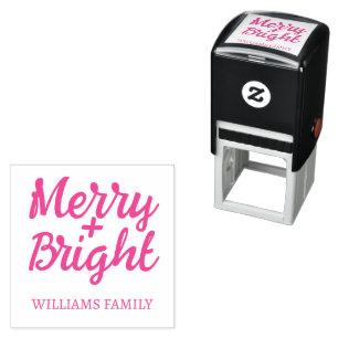 Pink Christmas Merry Bright Familiennamen Permastempel