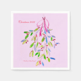 Pink Christmas Mistletoe Napkin Serviette