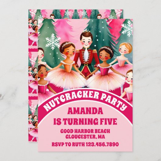 Pink Christmas Nutcracker Ballerina Kindergeburtst Einladung (Vorne/Hinten)