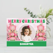 Pink Christmas Nutcracker Kids Foto Feiertagskarte (Stehend Vorderseite)