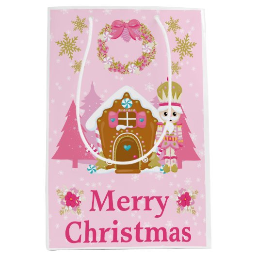 Pink Christmas Nutcracker und Gingerbrett House Mittlere Geschenktüte (Vorderseite)