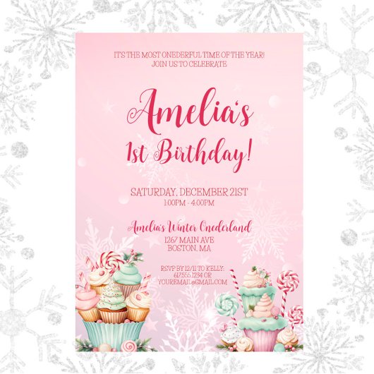 Pink Christmas Onederland Cupcake 1. Geburtstag Einladung