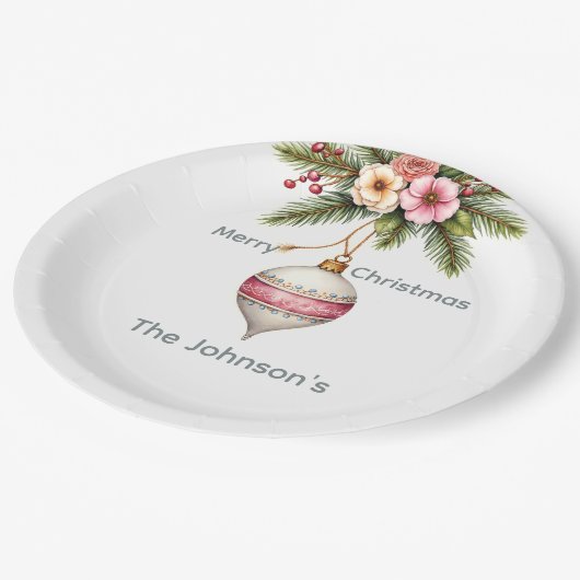 Pink Christmas Ornament Pappteller (Schrägansicht)