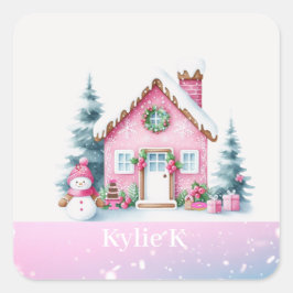 Pink Christmas Personalisiert Gingerbrett House Quadratischer Aufkleber