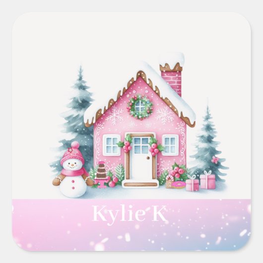 Pink Christmas Personalisiert Gingerbrett House Quadratischer Aufkleber (Vorderseite)