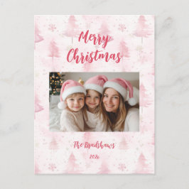 Pink Christmas Pine Trees Photo Holiday Postcard Feiertagspostkarte