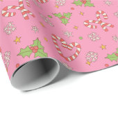 Pink Christmas Retro Candy Cane Holly Geschenkpapier (Rolleneckpunkt)