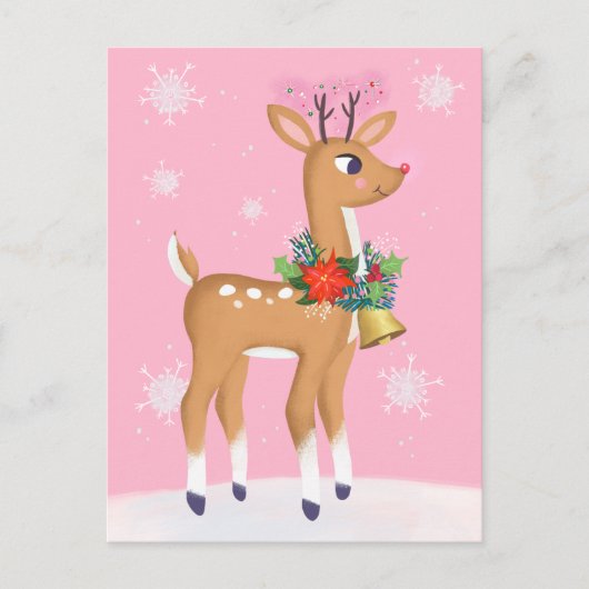 Pink Christmas Retro Rudolph Reindeer Postcard Postkarte (Vorderseite)