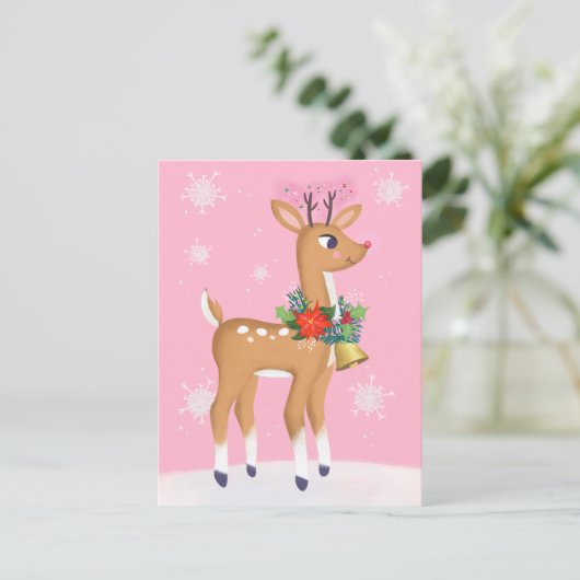 Pink Christmas Retro Rudolph Reindeer Postcard Postkarte (Stehend Vorderseite)