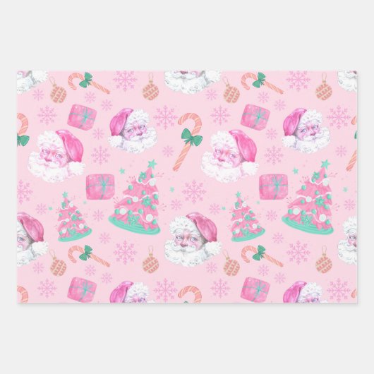 Pink Christmas Santa Clau & Tree Seamless Pattern Geschenkpapier Set (Vorderseite)