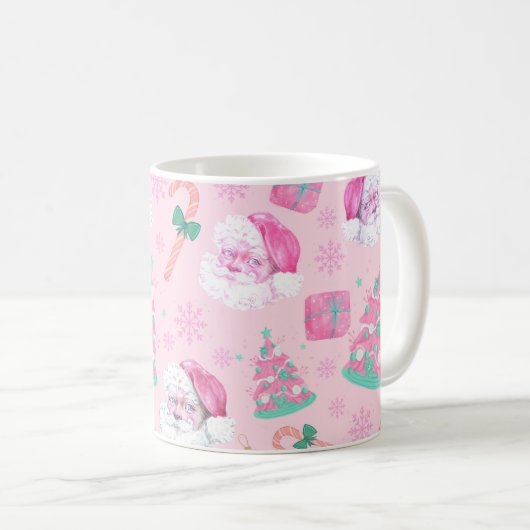Pink Christmas Santa Clau & Tree Seamless Pattern Kaffeetasse (VorderseiteRechts)