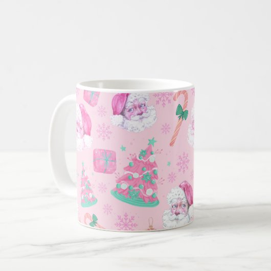 Pink Christmas Santa Clau & Tree Seamless Pattern Kaffeetasse (Vorderseite Links)