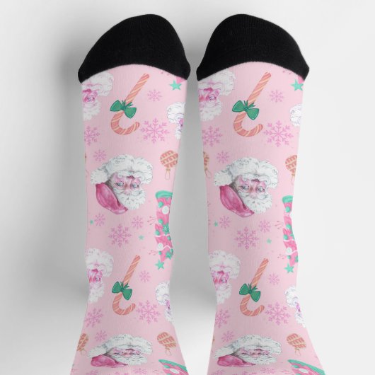 Pink Christmas Santa Clau & Tree Seamless Pattern Socken (Oben)