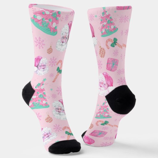 Pink Christmas Santa Clau & Tree Seamless Pattern Socken (Gewinkelt)