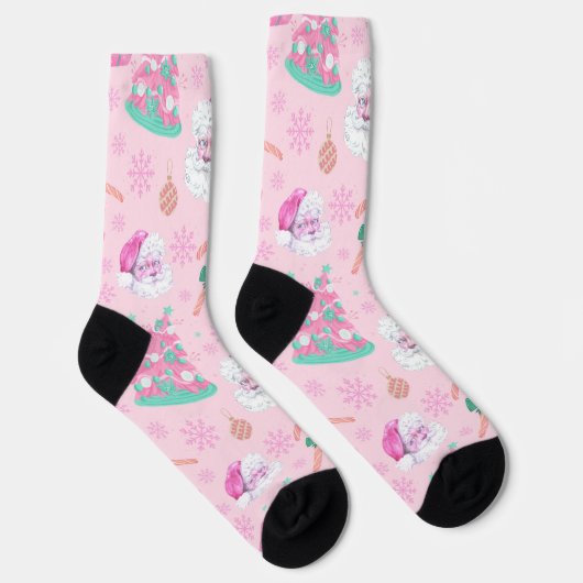 Pink Christmas Santa Clau & Tree Seamless Pattern Socken (Rechts)