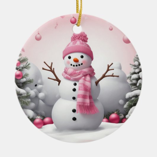 Pink Christmas Snowman Keramik Ornament (Vorne)