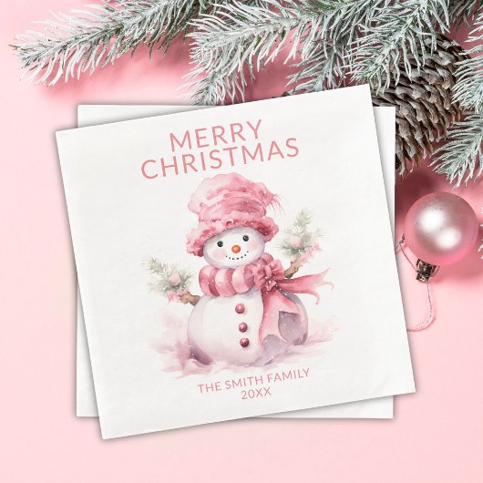 Pink Christmas Snowman Party Serviette