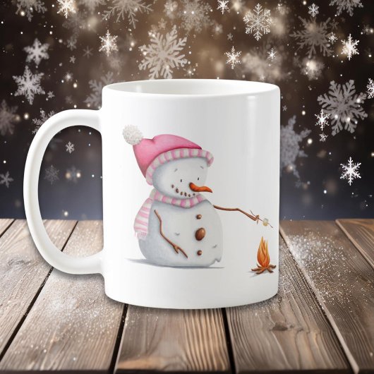 Pink Christmas Snowman Roasting Marshmallows Kaffeetasse