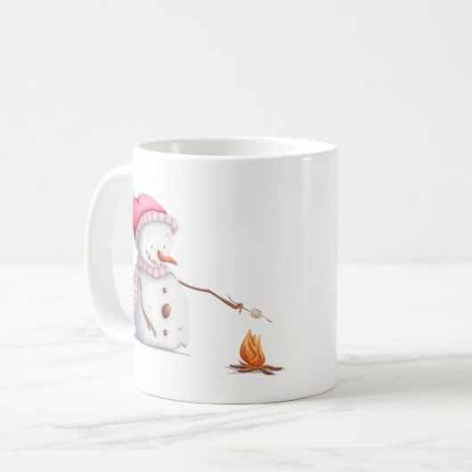 Pink Christmas Snowman Roasting Marshmallows Kaffeetasse (Vorderseite Links)