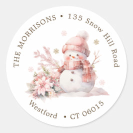 Pink Christmas Snowman-Rücksendeadresse Runder Aufkleber